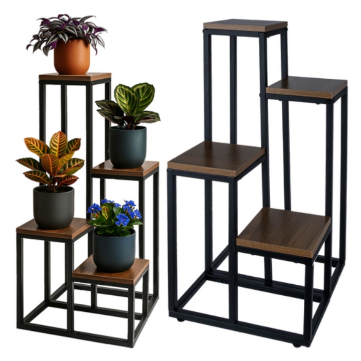 Suport flori KESNUP, 4 etaje, negru, dimensiuni 71x55x38.5x34.5x34.5cm, greutate maxima 50kg