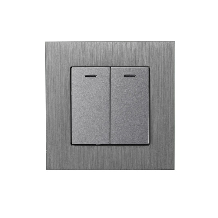 Intrerupator dublu 1 cale, design european, panou aluminiu brushed gri, LED indicator, 86x86 mm, montaj ingropat, doza Ø60 inclusa