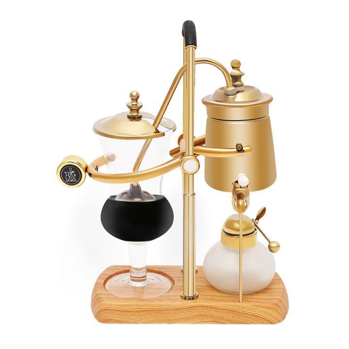 Aparat cafea sifon 400 ml, cafetiera manuala, sticla borosilicata si otel inoxidabil, arzator alcool cu stingere automata, filtru fin, baza antiderapanta stabila, auriu