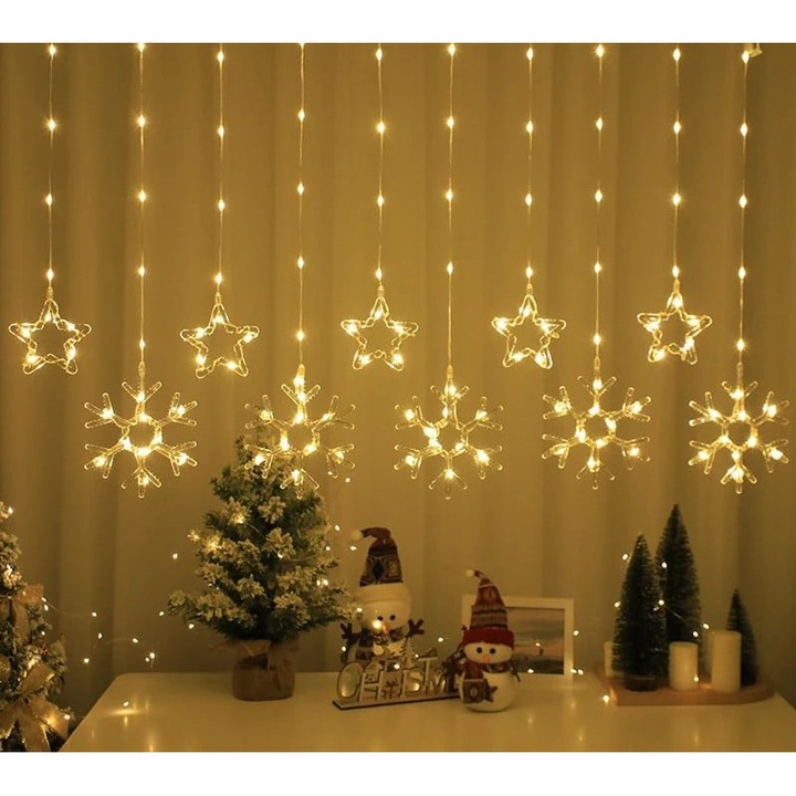 Fényfüzér, Függöny Típusú, Hópehely és Csillag LED, 3 Méter, Meleg Fény, 8 Világítási Mód – Fabrilux®