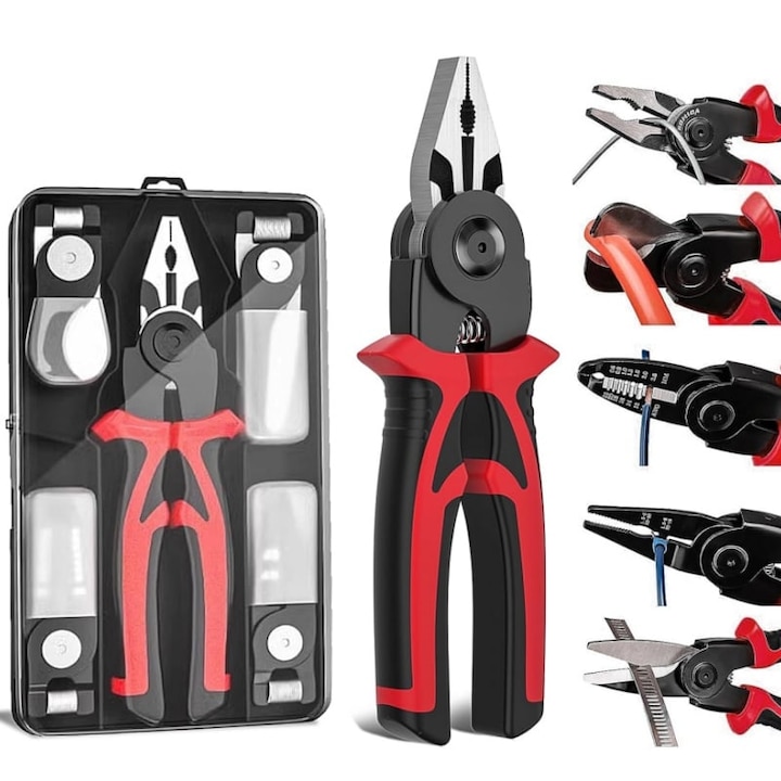 Cleste multifunctional Gardeon 5 in 1, capete interschimbabile, patent, taietor cablu, dezizolator, cleste sertizare, foarfeca tabla, izolat electric, cutie depozitare