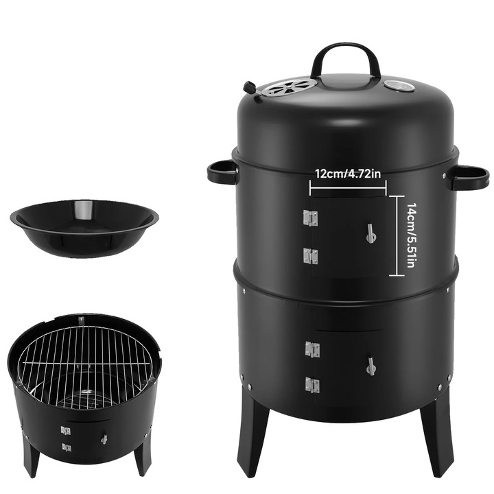 Gratar de gradina, design cu trei niveluri, termometru incorporat, negru, 400 inch patrati
