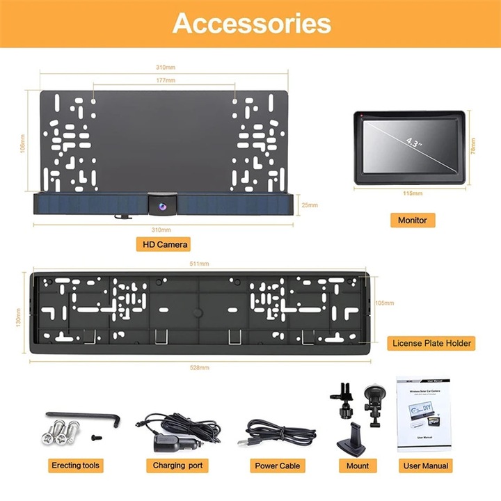 Безжична камера за задно виждане, соларна, 1080P HD, пълен комплект, 140° ъгъл на видимост, захранване с батерия 2600mAh