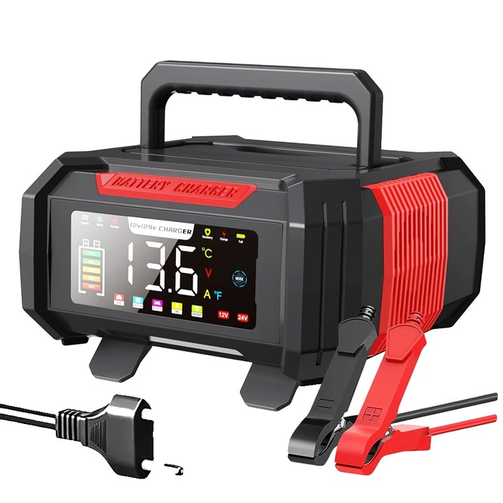 Autós töltő, 12V/24V, 15A/8A, intelligens töltés, széles kompatibilitás, 190x170x88mm