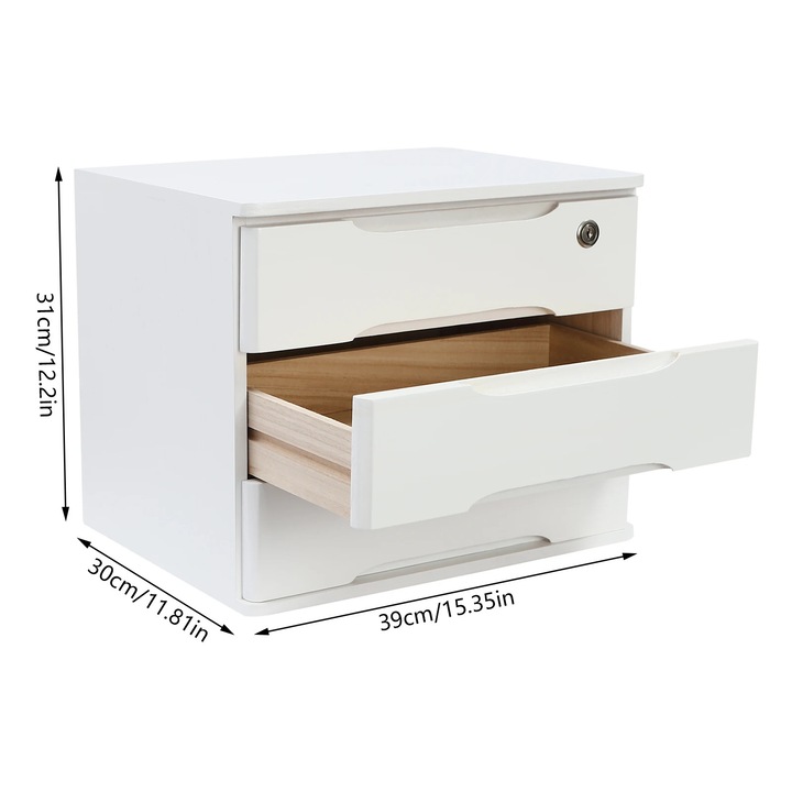 Noptiera, 3 niveluri, alb, design compact, din lemn