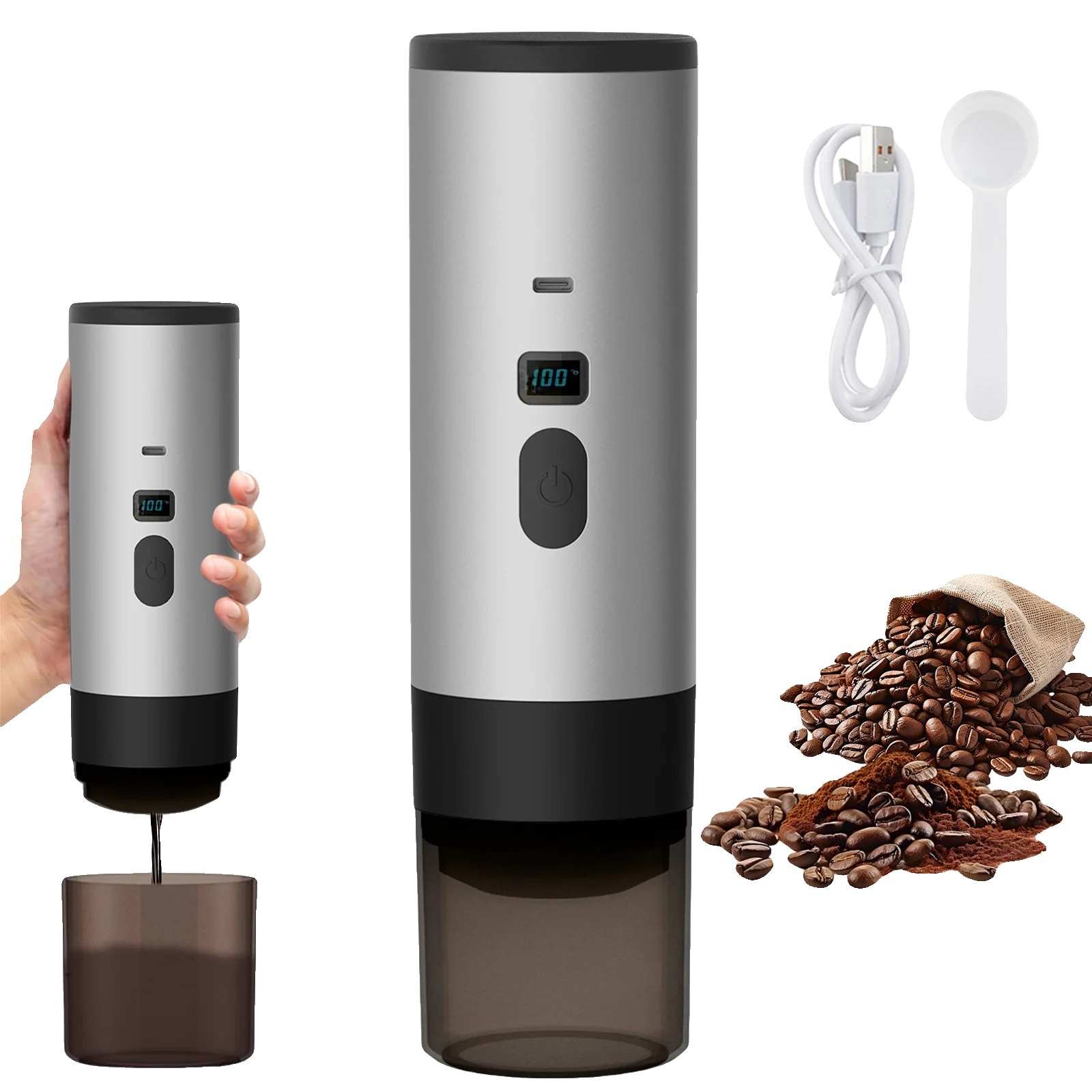 Cafetiere portabila, extractie rapida, gri, capacitate 90ml, 60ml rezervor apa