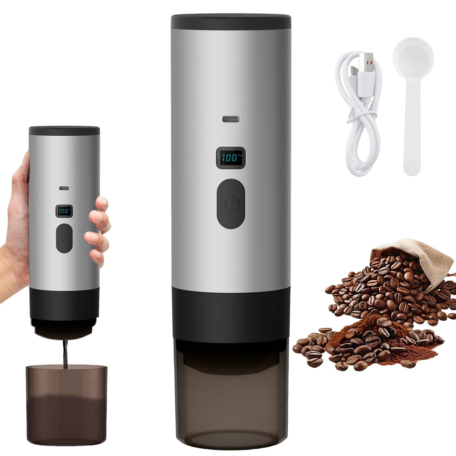 Cafetiere portabila, extractie rapida, gri, capacitate 90ml, 60ml rezervor apa
