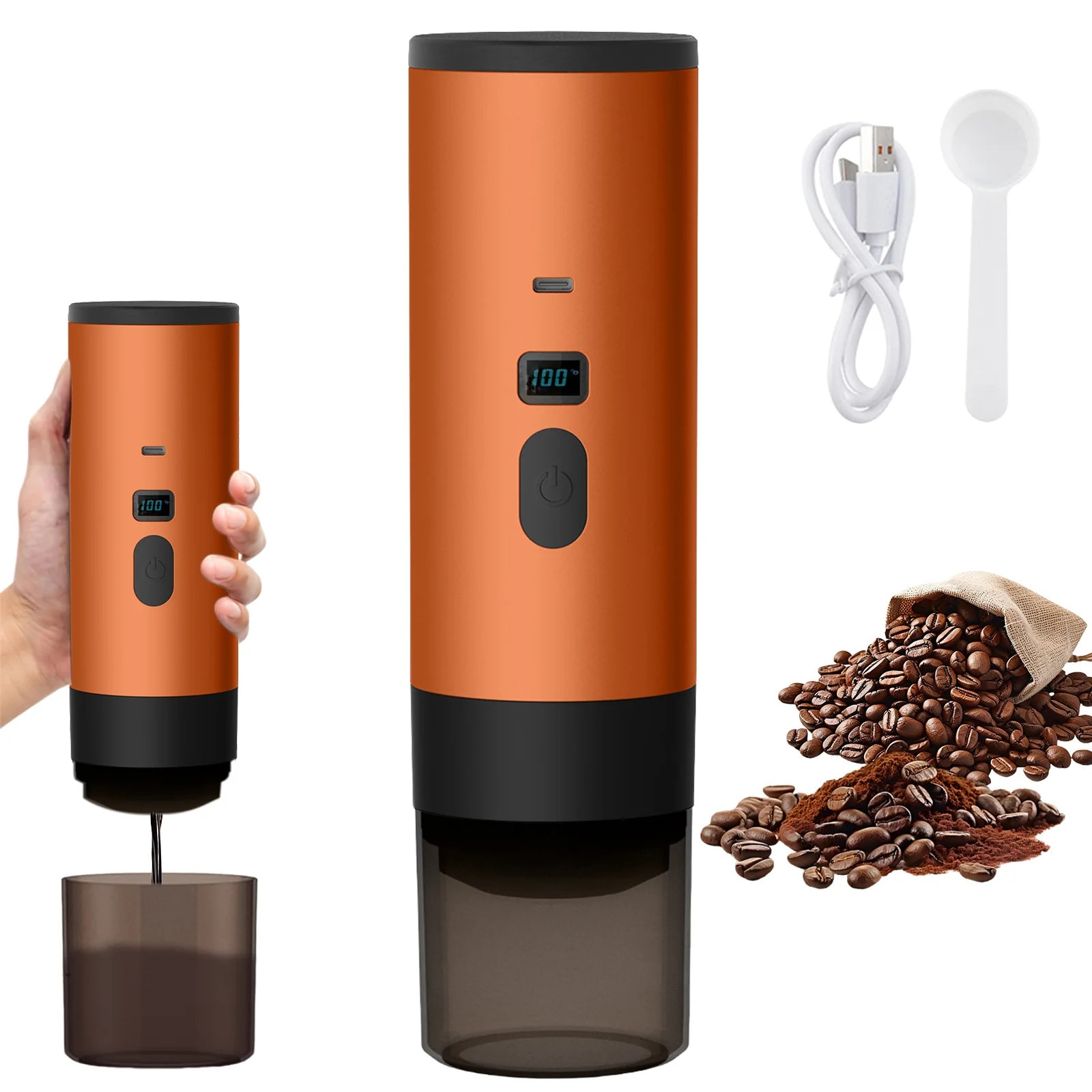 Cafetiera portabila 3-in-1, presiune de 15 Bar, portocalie vibranta, 90ML