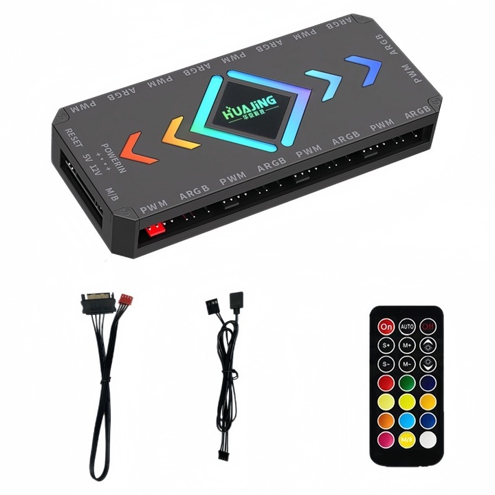 Hub ventilator ARGB PWM, AjieQaQ, 9 porturi, pentru ventilatoare carcasa A-RGB si PWM, controler si intrare alimentare SATA, 5V/3-pini, Negru