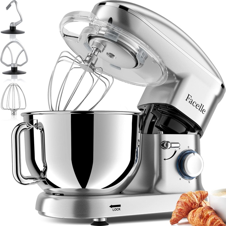 Facelle állványos mixer 1500W, tésztamixer 6,2 literes rozsdamentes acél tállal, 6 sebességfokozat, alacsony zajszint, habverővel, tésztakampóval és lapáttal (ezüst)