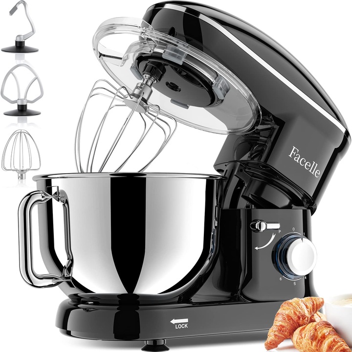 Planetáris Konyhai Robotgép, Facelle 1500 W, 6,2 Liter, Rozsdamentes Acél Tállal, Habverővel, Tésztakampóval, Cukorkeverővel, Mosogatógépben Mosható (Fekete)