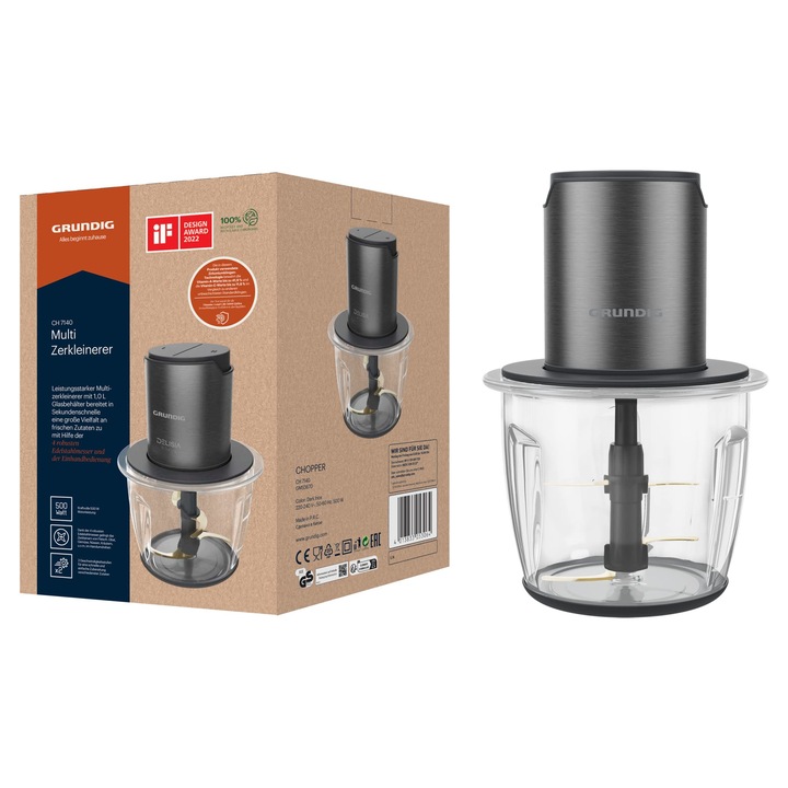 Tocator Multifunctional, Grundig, Delisia Novus CH 7140, 500 W, 4 Lame Inox cu Zirconiu, Bol Sticla 1L, Inox Negru