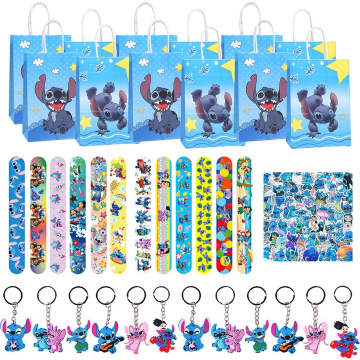 Комплект подаръчни торбички за парти, тематика Stitch, за 12 гости, многоцветни