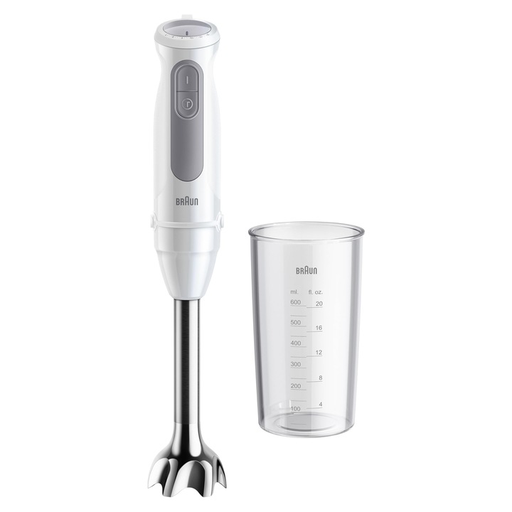 Braun Multiquick 5 MQ 50001 M botmixer, 1000 W, 21 sebességfokozat + turbó, rozsdamentes acél keverőláb, Easy Click rendszer, Splashcontrol, 600 ml-es pohárral, fehér