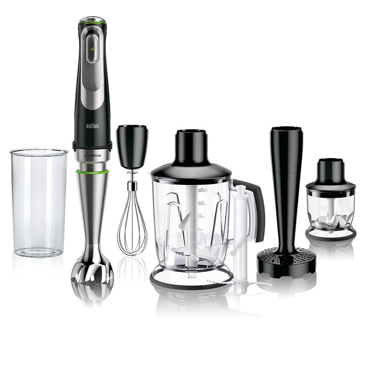 Braun Multiquick 9 MQ 9147X – 6 az 1-ben botmixer, függőleges mixerrel, burgonya- és zöldségpépesítővel és habverővel, változtatható sebességszabályozással, 1200 W, fekete/rozsdamentes acél
