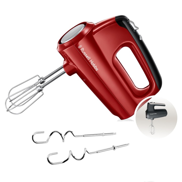 Russell Hobbs Desire Red Kézi Mixer (5 Sebességfokozat + Turbó Funkció, 2 Mosogatógépben Mosható Habverő És Tésztakampó, Kioldógomb, Függőleges Parkolóállás) Kézi Mixer 24670-56