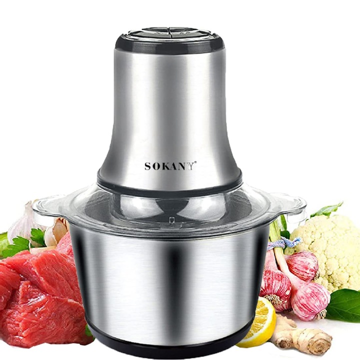 Tocator Electric Sokany 800W, Bol Inox 3L, 2 Setari Viteza, 4 Lame, pentru Carne, Ceapa, Fructe, Legume
