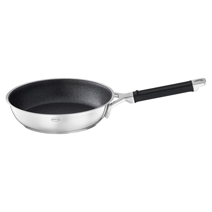 Rösle Silence Pro serpenyő, prémium karcálló Proresist tapadásmentes bevonattal, szilikon fogantyú, 28 cm, 18/10 rozsdamentes acél, indukciós tűzhelyen is használható, mosogatógépben mosható, ezüst/fekete