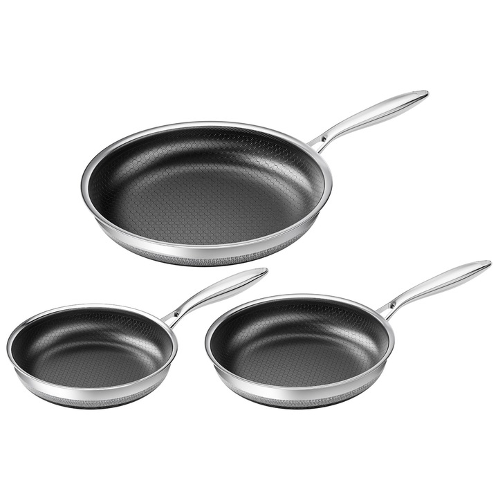 Innerwell Hybrid Professzionális Serpenyő Készlet Rozsdamentes Acélból 20+24+28 Cm - Indukciós Serpenyő, Titán-Kerámia Tapadásmentes Réteg, Gyors Melegítés, Sütőben Használható, PFOA-mentes, Minden Típusú Főzőlaphoz Alkalmas