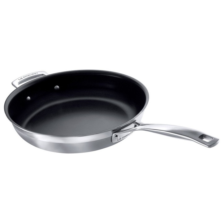 Le Creuset tapadásmentes serpenyő segédfogantyúval, 3 rétegű rozsdamentes acél, Ø 28 cm, minden típusú főzőlaphoz alkalmas, beleértve az indukciósat is, ezüst, 96200328001000