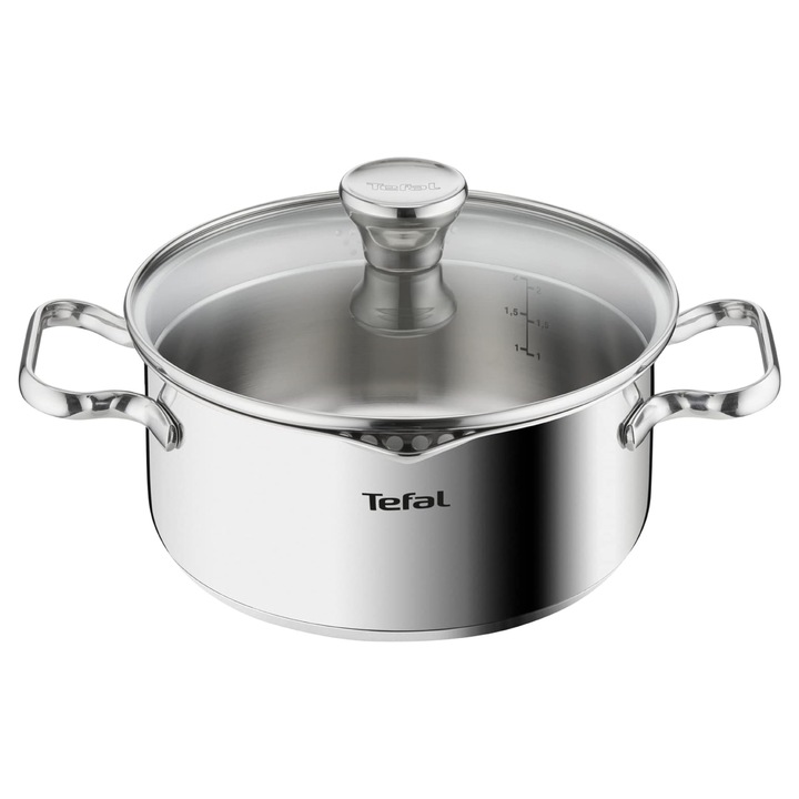 Тиган Tefal Duetto A70542, 20 см, Висококачествена неръждаема стомана 18/10, Градуиран, Капак за наливане, Подходящ за всички видове котлони, включително индукционни