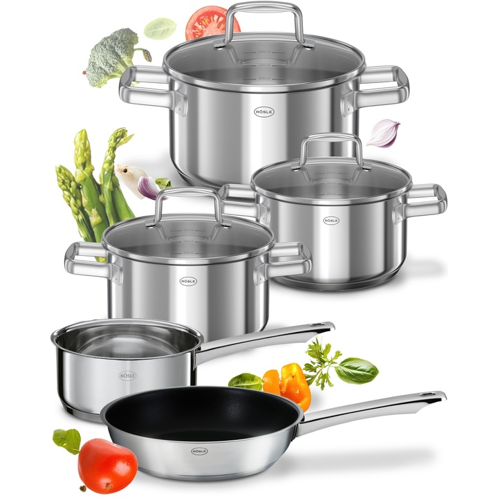 Set De Vase Cu Inductie Rösle Moments, 5 Piese Din Otel Inoxidabil Cu Miez De Aluminiu, 3 Oale, 1 Cratita Si 1 Tigaie, Strat Antiaderent, Compatibil Cu Inductia, Rezistent La Cuptor, La Masina De Spalat Vase, Durabil