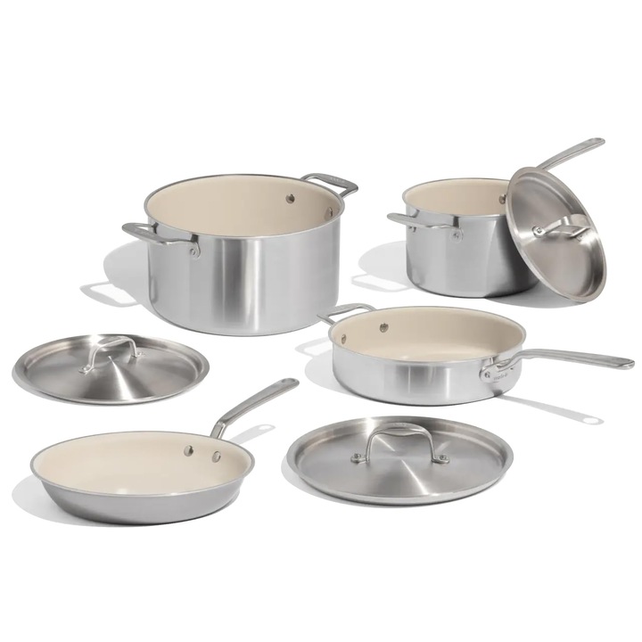 Made In Cookware – Set De 7 Oale Si Tigai Ceramice Antiaderente – Placare Din Otel Inoxidabil Cu 5 Straturi – Include Oala, Tigaie, Cratita Si Tigaie – Profesional