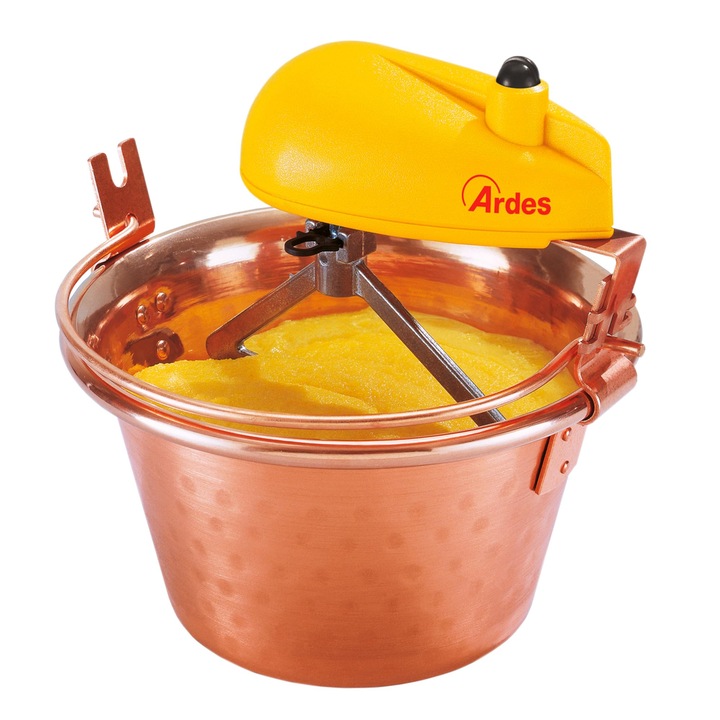 Réz Főzőedény, 24 Cm Átmérőjű, Dzsem És Polenta Keverő, Elektromos Motorral, Bajonett Rögzítés, Könnyű Tisztítás, Polenta Fordító, 2/4 Adag, Ar24Am40, Réz Szín