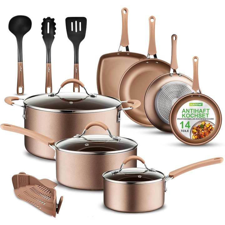 Set De Vase De Gatit NutriChef, 14 Piese, Antiaderente, Fara Pfoa/Pfos, Otel Inoxidabil, Aluminiu