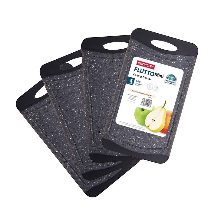 Neoflam® Дъски за рязане за закуска, подходящи за съдомиялна машина, 25x14 см, комплект от 4 части - Пластмасова дъска за рязане без BPA, противоплъзгаща, антибактериална, за хляб, с улей за сок, мраморен вид, черна