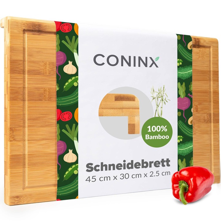 Tocator Mare Din Lemn Coninx Cu Canelura Pentru Suc - Tocator Antibacterian Din Bambus Moso Pentru Taierea Legumelor, Fructelor, Branzei, Carnii Si Multe Altele - Tocator Robust Din Lemn Pentru Bucatarie - Tocator De Servire 45X30X2, 5 Cm