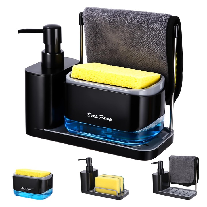 Set Dozator De Detergent De Vase Pentru Bucatarie, Dozator De Sapun Pentru Bucatarie Cu Tava Si Suport Pentru Burete, Detergent Reincarcabil, Potrivit Pentru Chiuvete De Bucatarie