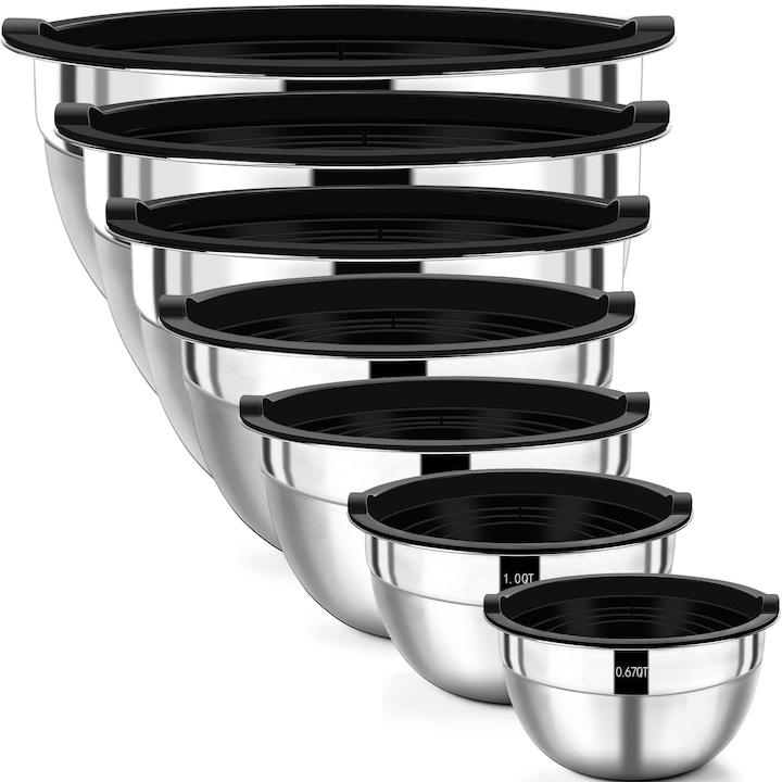 Set De Boluri De Amestecat Wildone, Boluri Din Otel Inoxidabil, Set De 7 Piese Cu Capace Etanse, Stivuibile, Lavabile In Masina De Spalat Vase, Dimensiuni 5, 3, 5, 2, 5, 2, 1, 5, 1, 0, 67 Qt, Ideale Pentru Amestecat Si Servit