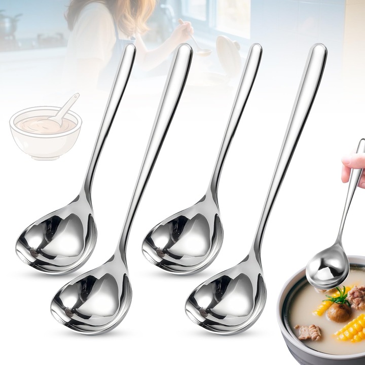 Set De 4 Lingurite De Supa Xinlon, Rezistente La Masina De Spalat Vase, Din Otel Inoxidabil, Pentru Bucataria Restaurantului, Petreceri De Ziua De Nastere, Servirea Sosurilor Si Supelor (Argintiu)