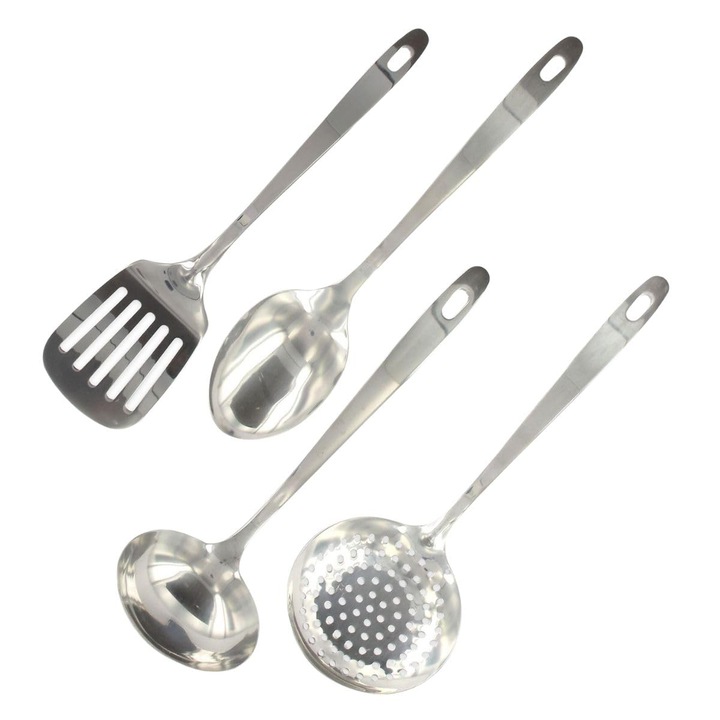 Fackelmann 9908950 Konyhai Evőeszköz Készlet, 4 Darabos, Rozsdamentes Acél, Merőkanál, Tálalókanál, Szűrőkanál, Spatula, Rozsdamentes Acél, 32,1 X 7,9 X 3 Cm