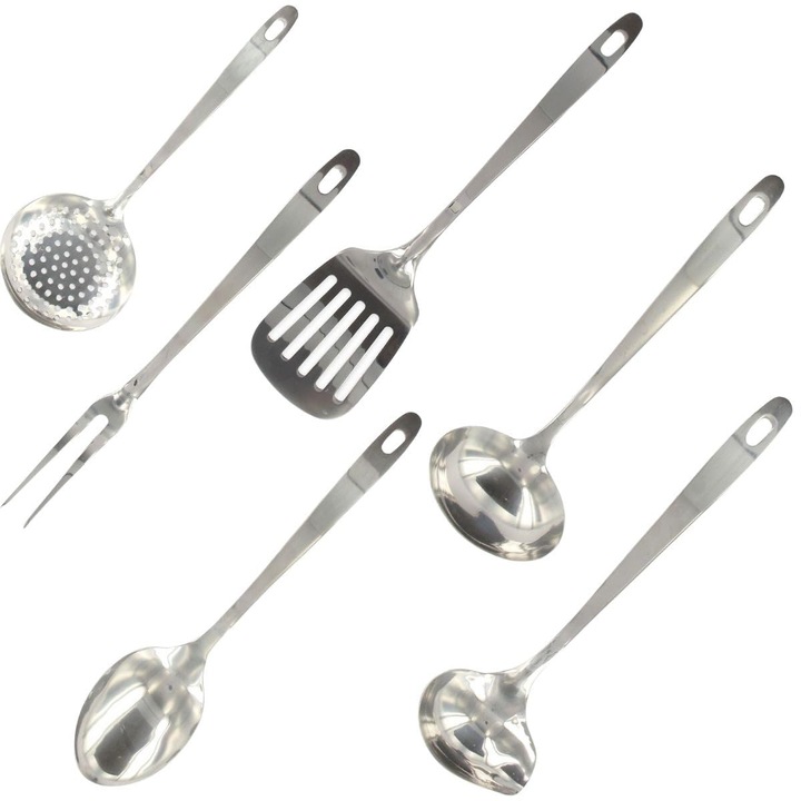 Fackelmann 9990650 Konyhai Evőeszközkészlet, 6 darabos, Habverő, Villa, Szervírozó Kanál, Merőkanál, Rozsdamentes Acél, 28-32 Cm