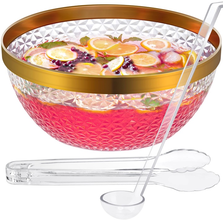 Bol de punch transparent Nihome, margine aurie, 5 L, include polonic și clește, ideal pentru salate, gustări și băuturi, perfect pentru petreceri, nunți și grătare