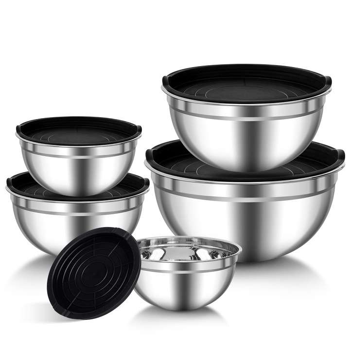 Zanfqvo Set De 5 Boluri De Salata Din Otel Inoxidabil Cu Capac, Dimensiuni 0, 7L/1, 1L/1, 5L/2, 7L/4, 5L, Stivuibile Si Lavabile In Masina De Spalat Vase, Set De Boluri Din Otel Inoxidabil Pentru Gatit Si Copt In Bucatarie