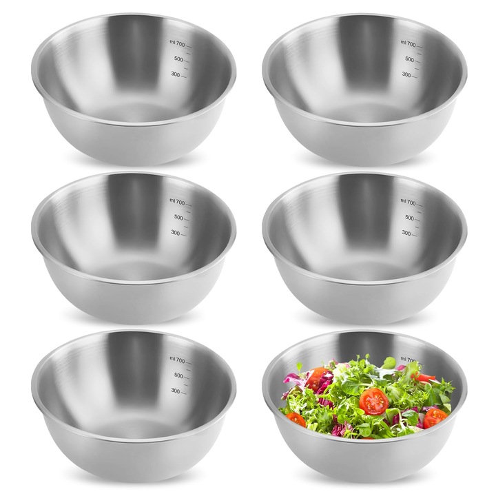 Set De 6 Boluri Din Otel Inoxidabil: Bol Din Otel Inoxidabil Cu Diametrul De 17 Cm, Bol Pentru Salata Suprapus, Bol Metalic, Bol Pentru Gustari Pentru Servire, Gatit, Copt - Lavabil In Masina De Spalat Vase