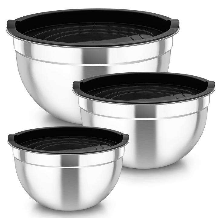 Set De 3 Boluri De Amestecare Teamfar, Boluri Din Otel Inoxidabil, Boluri Pentru Salata Cu Capace Etanse, Set De Boluri Negre Perfecte Pentru Coacere/Preparare/Servire, 4, 5 L / 2, 5 L / 1, 5 L, Potrivite Pentru Masina De Spalat Vase