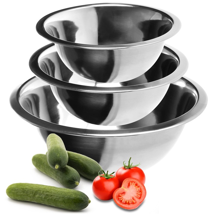 Set Com-Four® De 3 Boluri Din Otel Inoxidabil - Bol Pentru Salata In 3 Dimensiuni - Bol Pentru Amestecat - Bol Din Otel Inoxidabil Pentru Copt, Servire Si Gustari (3 Bucati - Ø 18/20/24Cm)