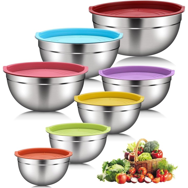 Set Hixava De 7 Boluri Din Otel Inoxidabil Cu Capace Colorate, Boluri De Amestecat, Boluri De Salata, Stivuibile Pentru Depozitare Minima, Ustensile De Bucatarie Esentiale