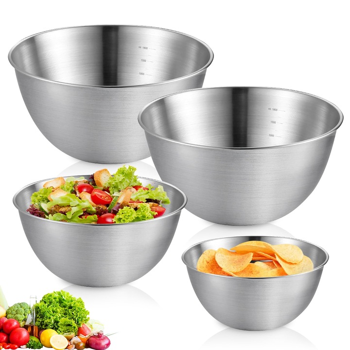 Sunoya Boluri Din Otel Inoxidabil, Set De 4 Boluri De Amestecat, Boluri Pentru Salata 0, 8 L/1, 2 L/1, 5 L, Boluri Metalice, Boluri Din Otel Inoxidabil Cu Cantar Pentru Amestecarea Salatei De Fructe, Orezului Si Pastelor