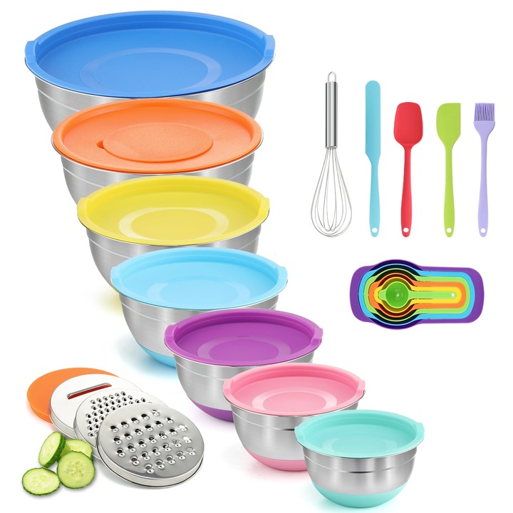 Set De Boluri De Amestecat Bewos Cu Capace, 7 Piese, Boluri De Amestecat Din Otel Inoxidabil Cu Razatoare, Design Imbricat Si Baze Antiderapante Colorate, Dimensiuni 4, 3, 3, 8, 3, 3, 2, 1, 4, 1, 0, 7 L Pentru Amestecat Si Servit