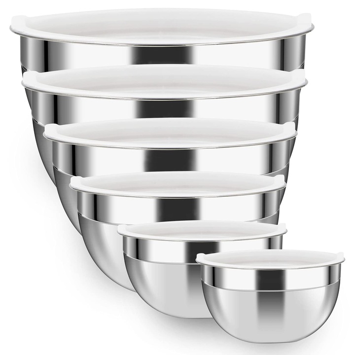 Set De 6 Boluri Luvan Din Otel Inoxidabil 304 (4, 3, 2, 2, 5, 1, 8, 1, 45, 0, 96 L), Boluri Mari Pentru Salata Cu Capac, Boluri Pentru Amestecat Pentru Bucatarie, Boluri Metalice Pliabile, Potrivite Pentru Masina De Spalat Vase