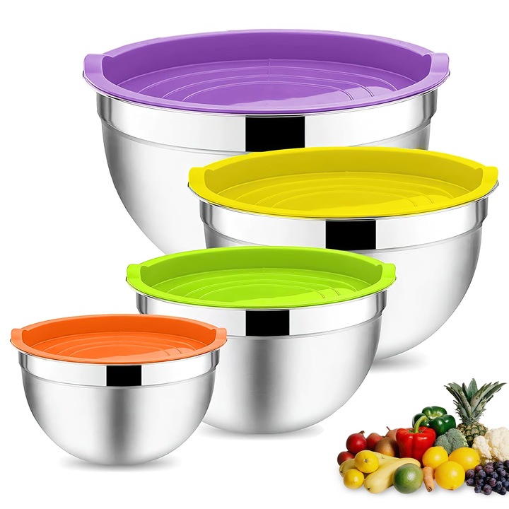 Set De 4 Boluri De Salata Ausune, Din Otel Inoxidabil, Cu Capace Etanse, Perfecte Pentru Copt/Gatit/Prepararea Alimentelor, Stivuibile Si Lavabile In Masina De Spalat Vase, 2, 8/1, 6/1, 2/0, 7 L - Culori Asortate