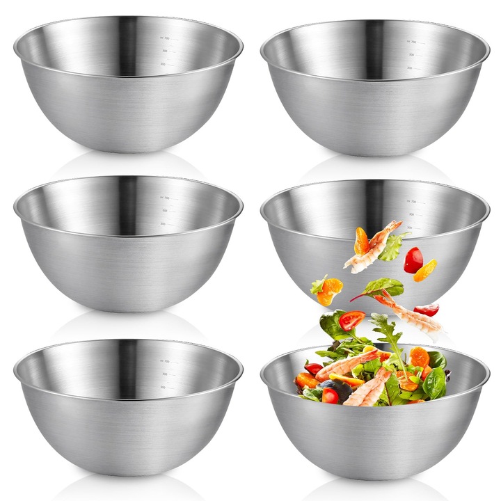 Set De 6 Boluri Din Otel Inoxidabil, Boluri De Amestecat Din Otel Inoxidabil, Boluri De Salata Din Otel Inoxidabil, Boluri De Amestecat Din Otel Inoxidabil, Depozitare Pentru Copt, Stivuibile, Versatile, Lavabile In Masina De Spalat Vase, Pentru Sosu