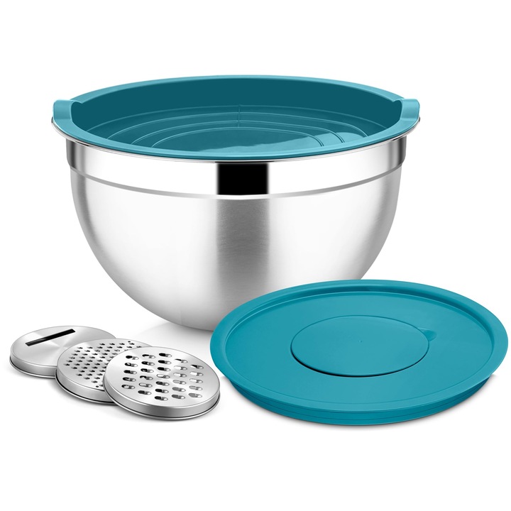 Bol De Salata Joyfair, 4, 5 L Din Otel Inoxidabil Cu Capac Etans Si Capac Detasabil, Boluri Cu 3 Razatoare Pentru Coacere/Gatit/Preparare, Lavabil In Masina De Spalat Vase - Albastru