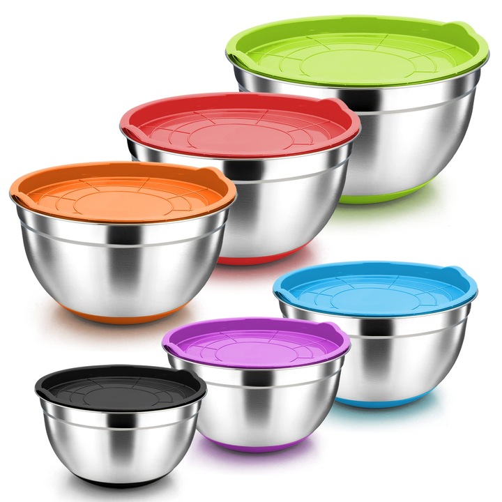 Set De 6 Boluri De Salata Herogo, Din Otel Inoxidabil Cu Capace Etanse Si Baze Antiderapante, Ideale Pentru Gatit/Copt/Depozitare/Servire, Stivuibile, 6, 7 L/3, 3 L/2, 5 L/1, 5 L/1, 2 L/0, 7 L
