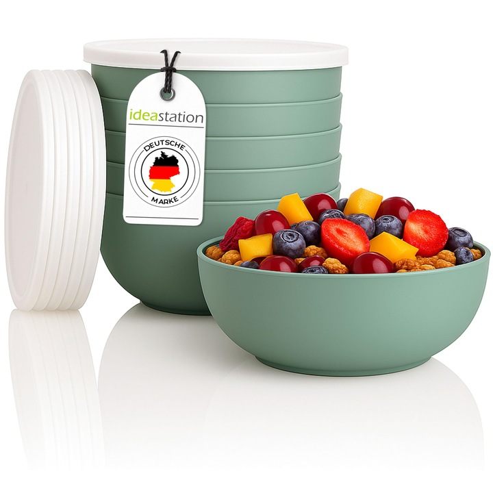 Idea-Station Boluri Pentru Cereale Cu Capac, 6 Bucati - 14 Cm / 500 Ml - Verde-Gri Mat - Boluri Din Plastic Incasabile Cu Capac - Set Bol Si Farfurie Pentru Camping